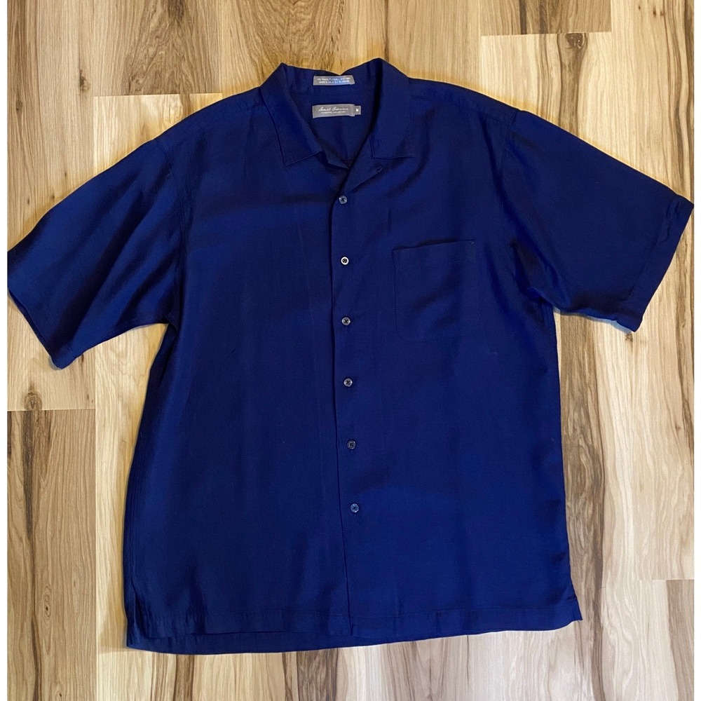 Daniel Cremieux Signature Collection Navy Blue Tencel Linen Camp Shirt Mens M